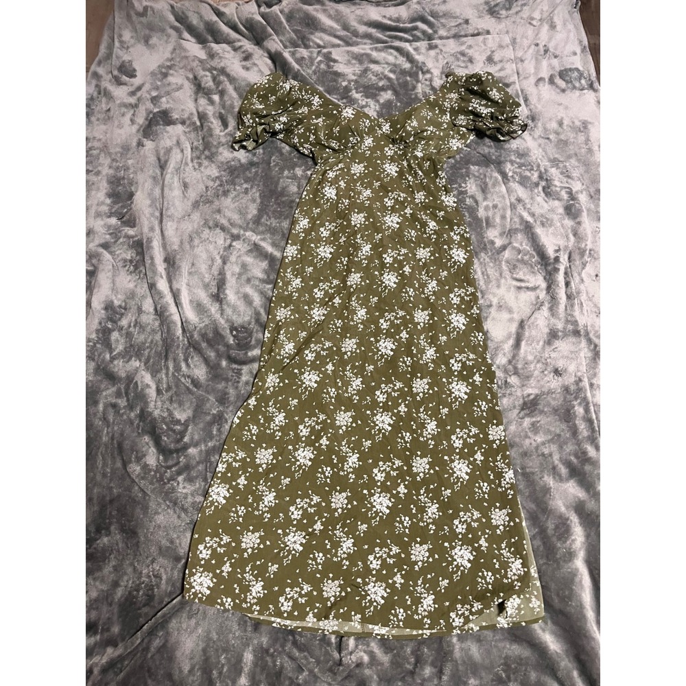 Inspired Hearts Olive Green Floral Maxi Dress Puff Sleeve Cutout Back Slit L